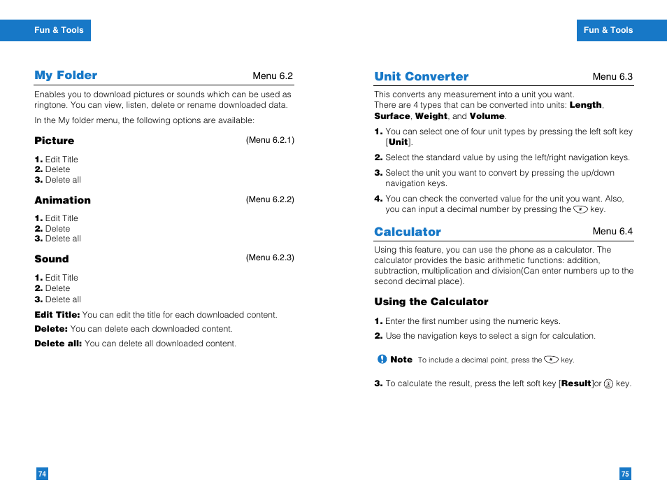 Calculator, Unit converter, My folder | LG G4010 User Manual | Page 39 / 55