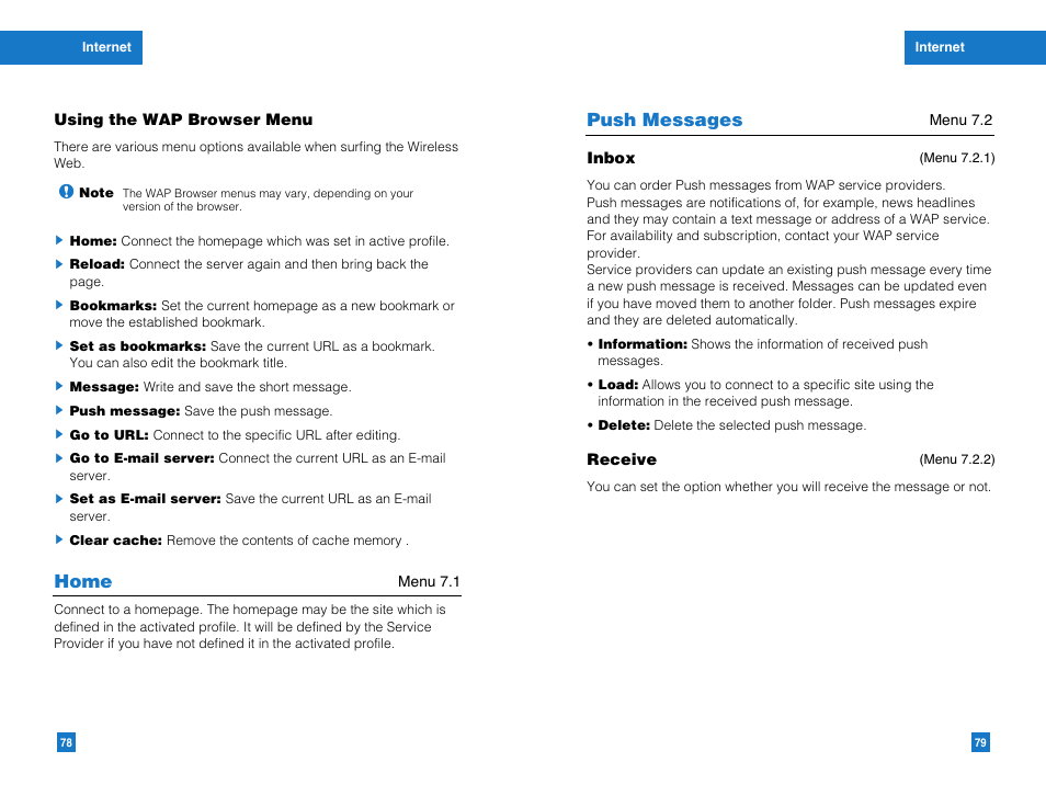 Home, Push messages | LG G4010 User Manual | Page 41 / 55