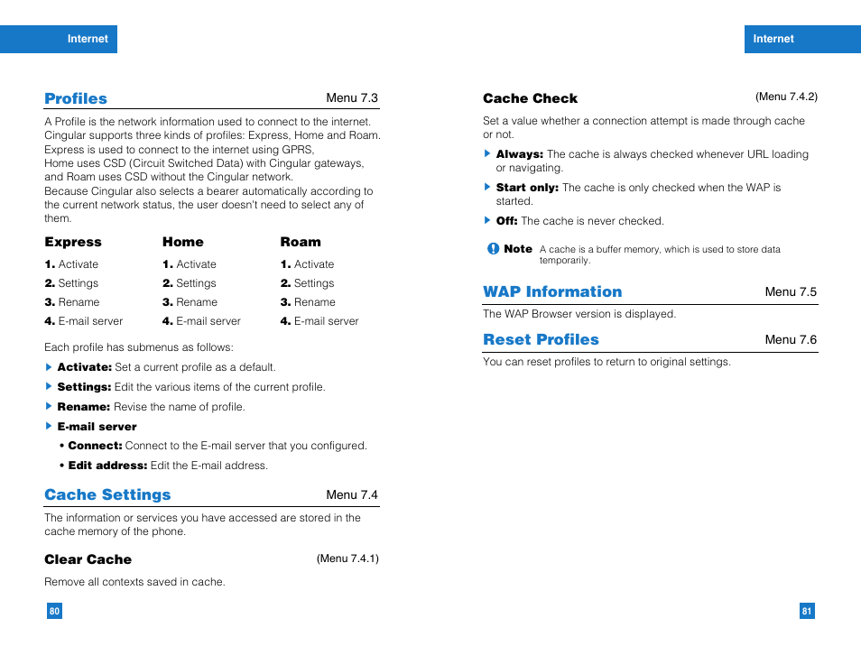 Profiles, Wap information, Reset profiles | Cache settings | LG G4010 User Manual | Page 42 / 55