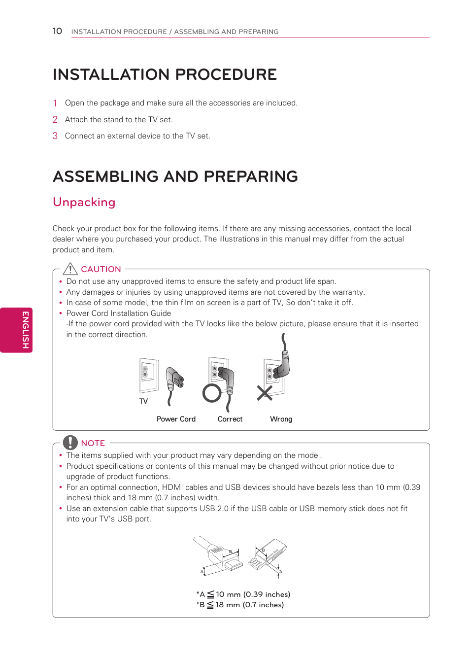 Installation procedure, Assembling and preparing, Unpacking | 10 installation procedure, 10 assembling and preparing | LG 50LS4000 User Manual | Page 10 / 80