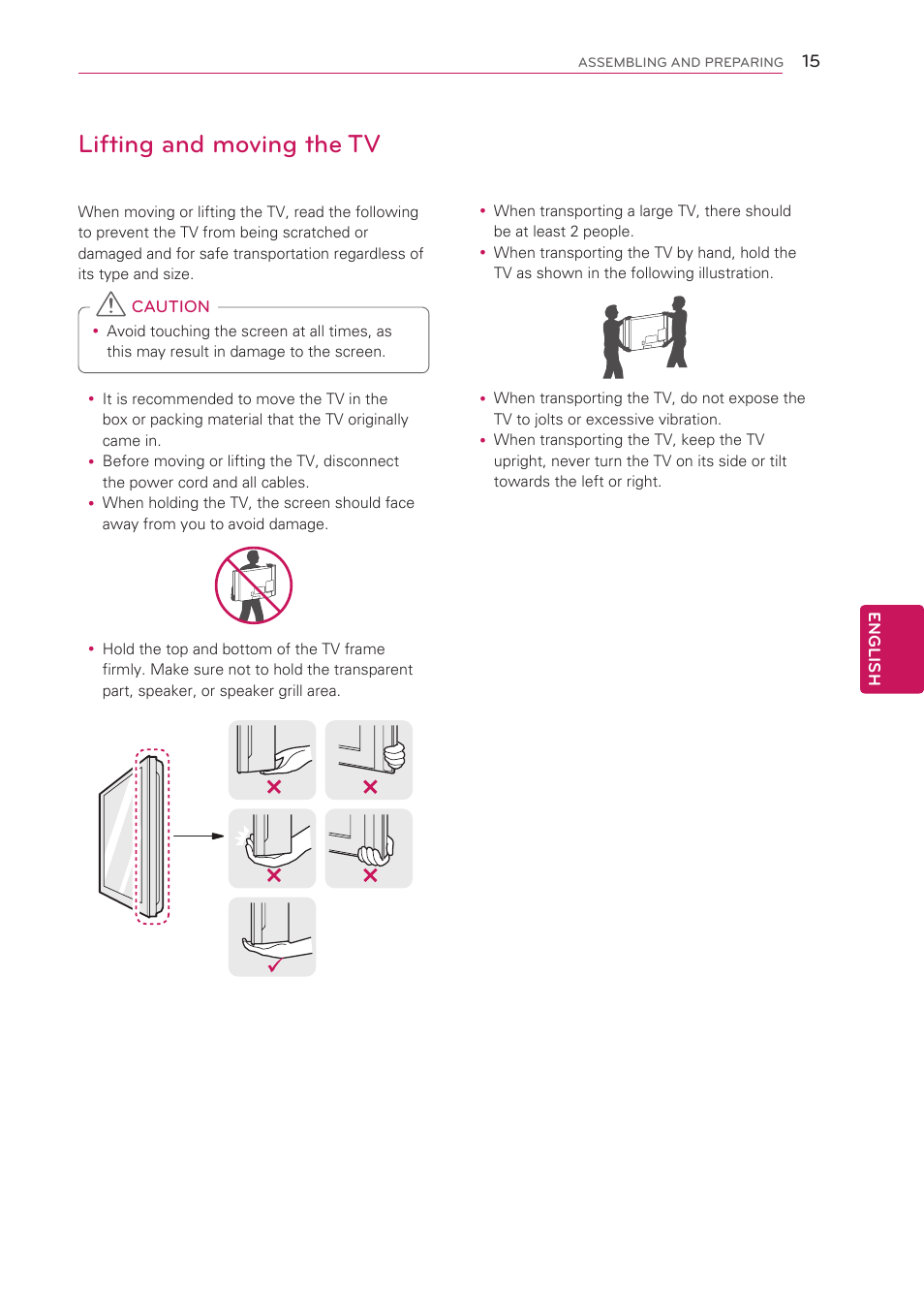 Lifting and moving the tv | LG 50LS4000 User Manual | Page 15 / 80