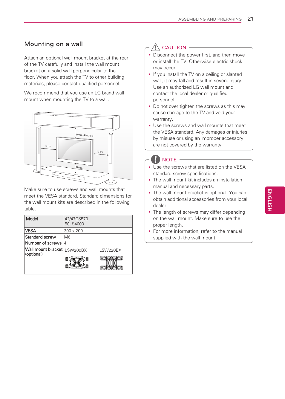 Mounting on a wall | LG 50LS4000 User Manual | Page 21 / 80