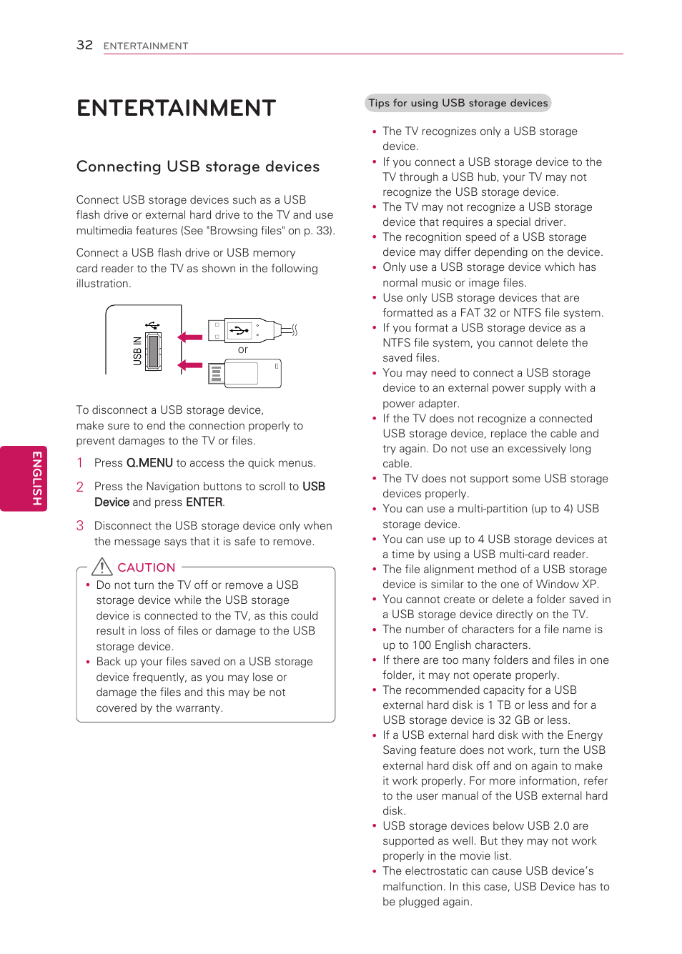 Entertainment, Connecting usb storage devices, 32 entertainment | LG 50LS4000 User Manual | Page 32 / 80