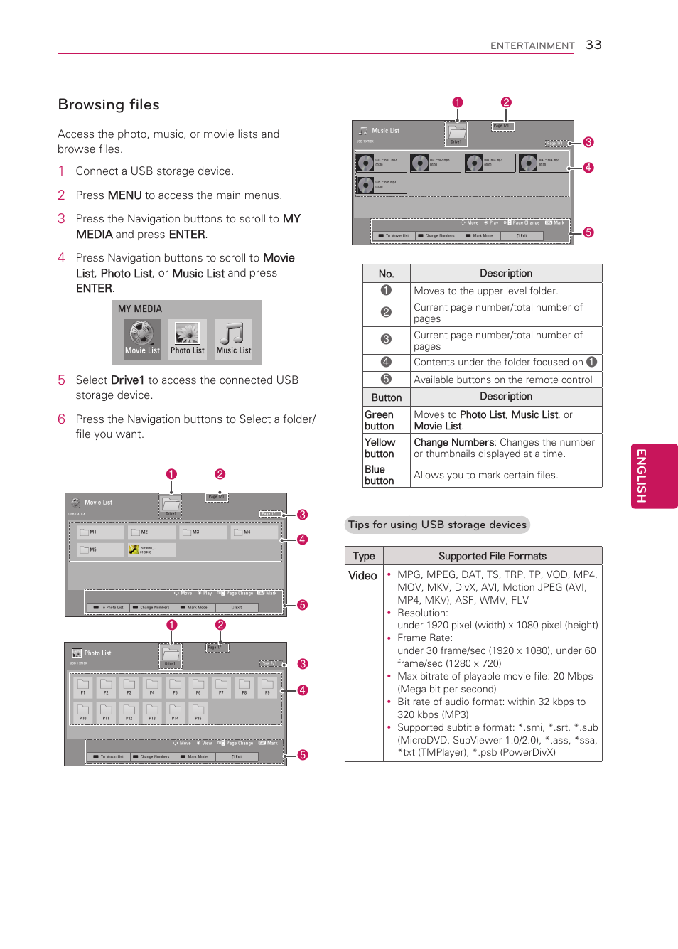 Browsing files, English, Connect a usb storage device | Press menu to access the main menus, Tips for using usb storage devices, Video | LG 50LS4000 User Manual | Page 33 / 80