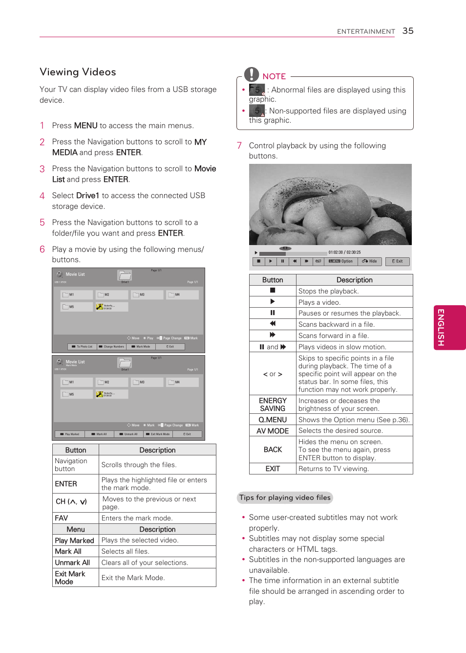 Viewing videos, English, Press menu to access the main menus | Play a movie by using the following menus/ buttons, Control playback by using the following buttons | LG 50LS4000 User Manual | Page 35 / 80