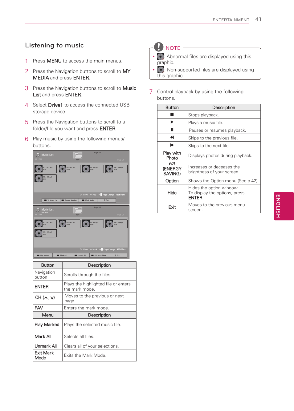 Listening to music, English, Press menu to access the main menus | Play music by using the following menus/ buttons, Control playback by using the following buttons | LG 50LS4000 User Manual | Page 41 / 80