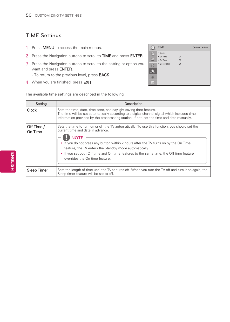 Time settings | LG 50LS4000 User Manual | Page 50 / 80