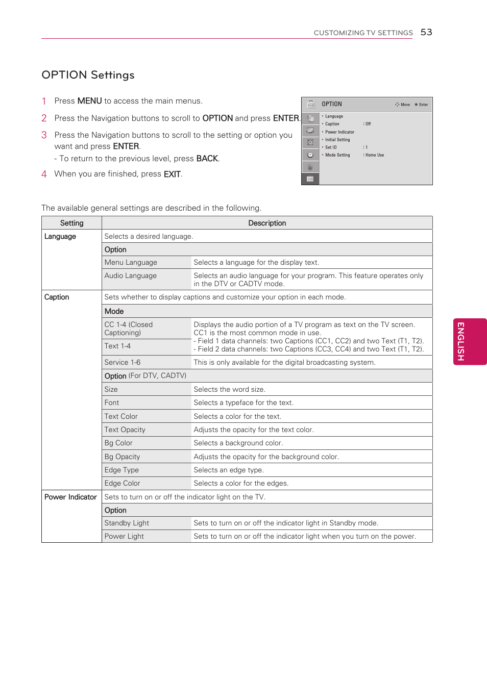 Option settings | LG 50LS4000 User Manual | Page 53 / 80