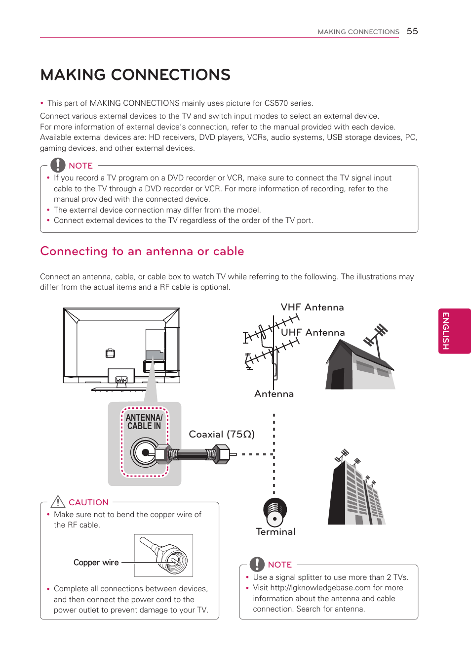 Making connections, Connecting to an antenna or cable, 55 making connections | LG 50LS4000 User Manual | Page 55 / 80