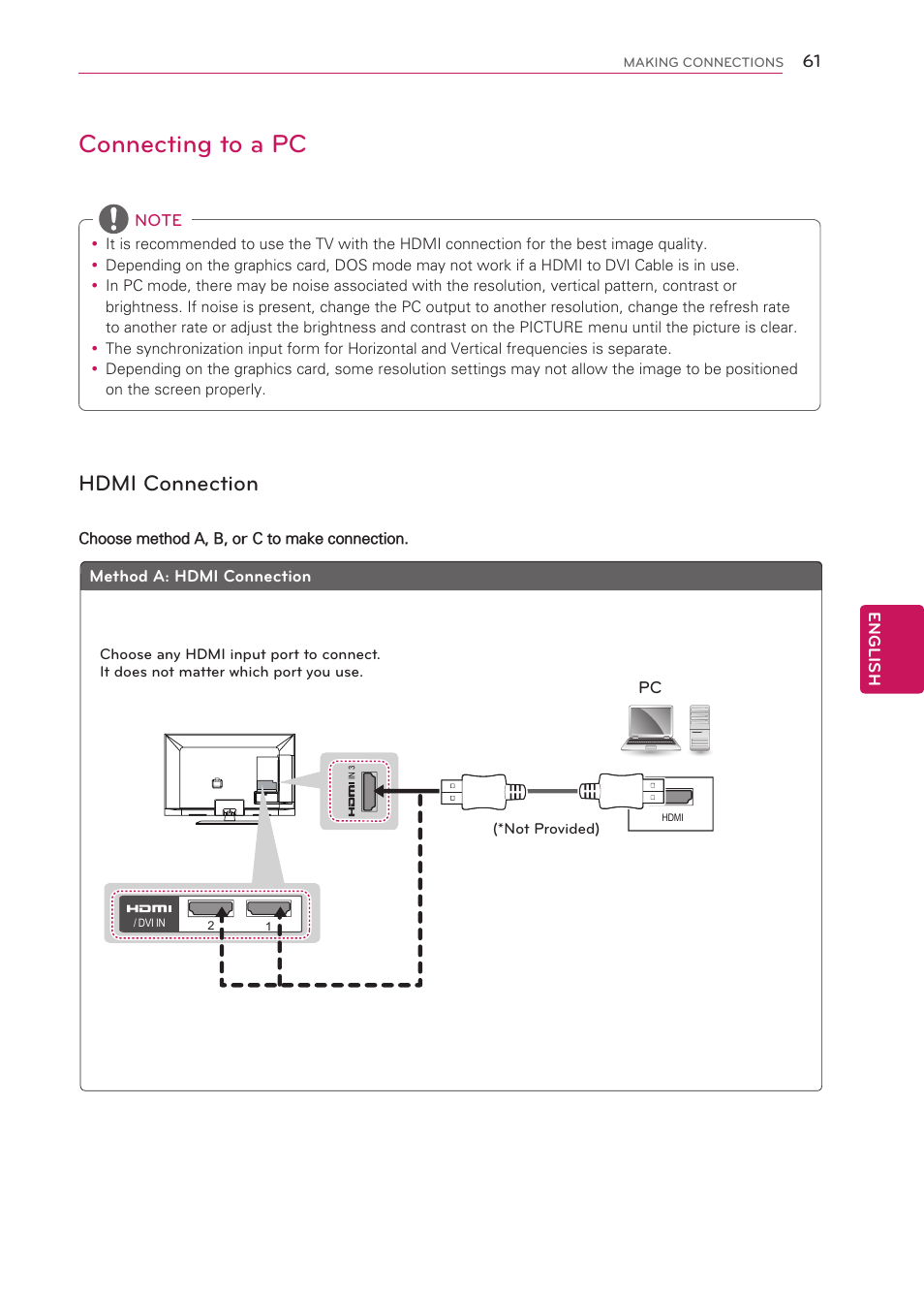 Connecting to a pc, Hdmi connection | LG 50LS4000 User Manual | Page 61 / 80