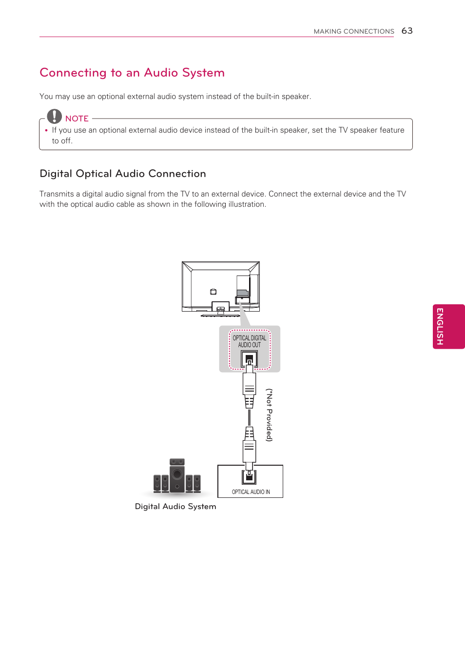 Connecting to an audio system, Digital optical audio connection | LG 50LS4000 User Manual | Page 63 / 80