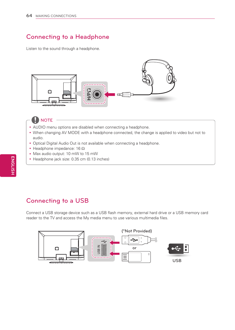 Connecting to a headphone, Connecting to a usb | LG 50LS4000 User Manual | Page 64 / 80