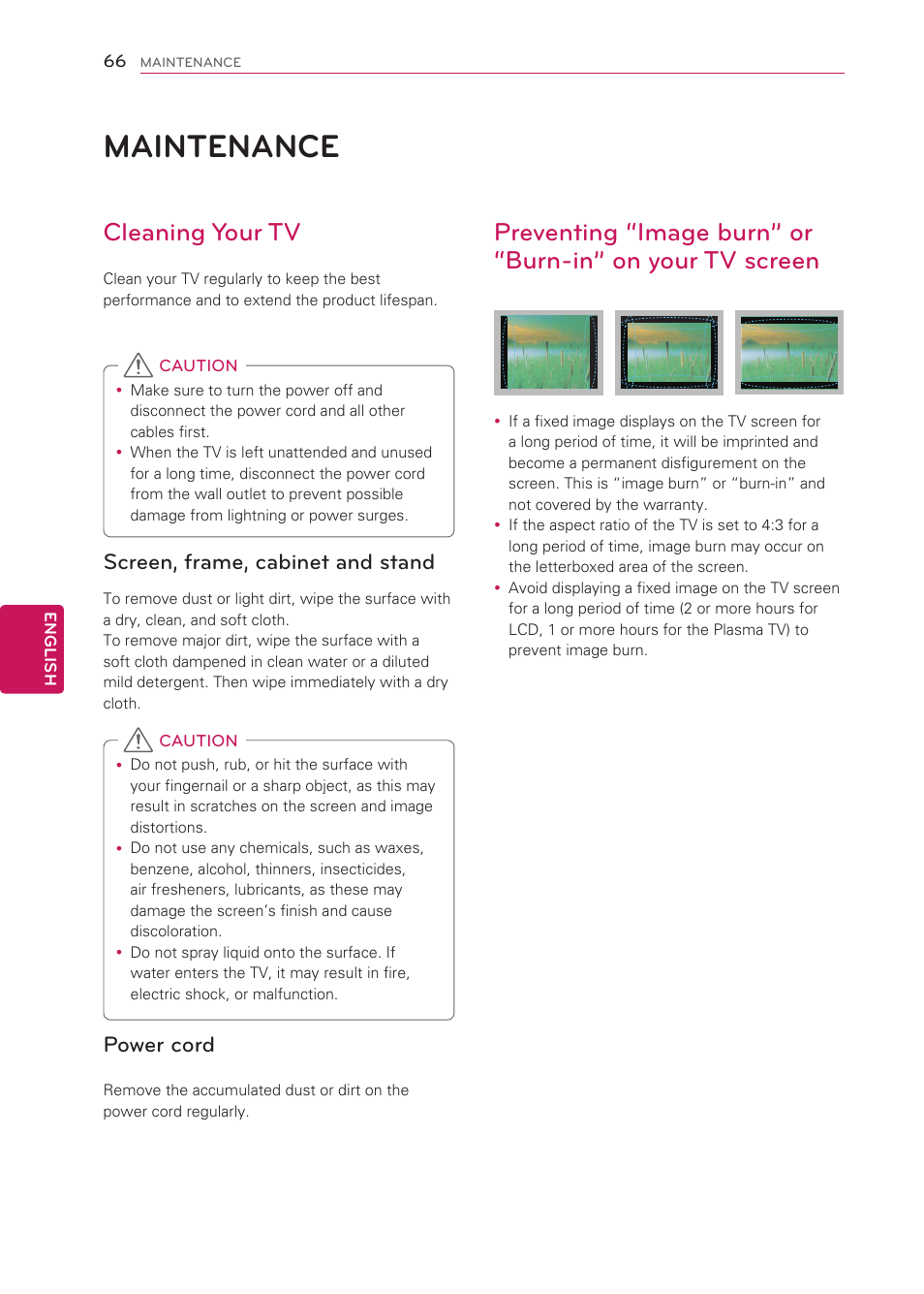 Maintenance, Cleaning your tv, Screen, frame, cabinet and stand | Power cord, 66 maintenance | LG 50LS4000 User Manual | Page 66 / 80