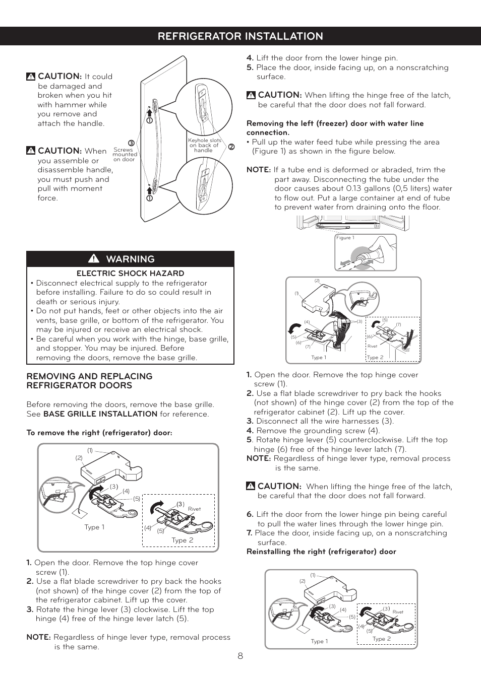 Refrigerator installation, Warning, 8caution | Caution, Removing and replacing refrigerator doors | LG LSC27914ST User Manual | Page 8 / 28