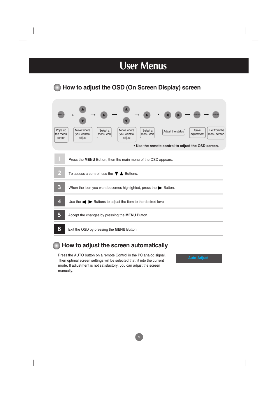 How to adjust the osd (on screen display) screen, How to adjust the screen automatically, User menus | LG M2900S-BN User Manual | Page 10 / 33