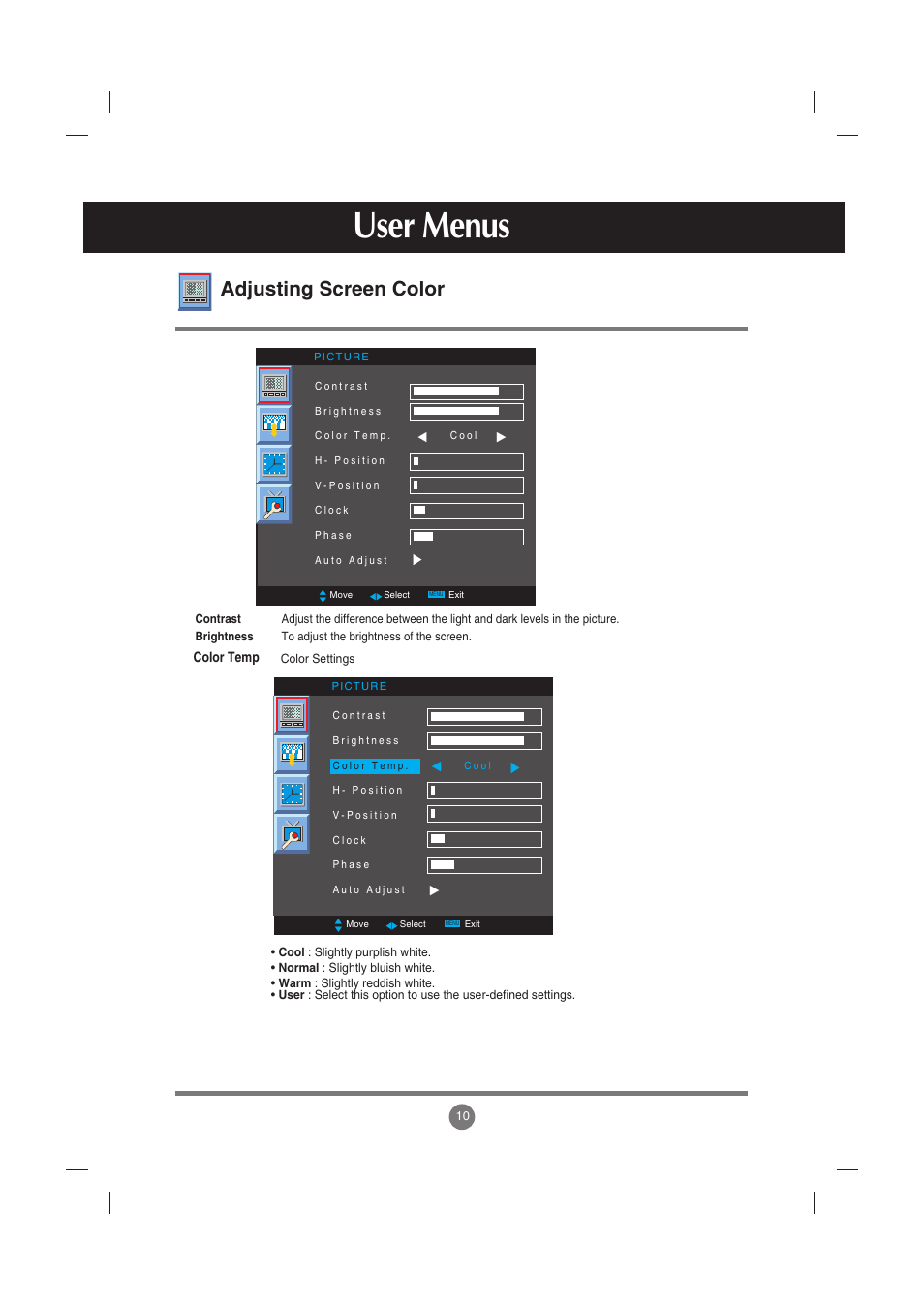 Adjusting screen color, User menus | LG M2900S-BN User Manual | Page 11 / 33