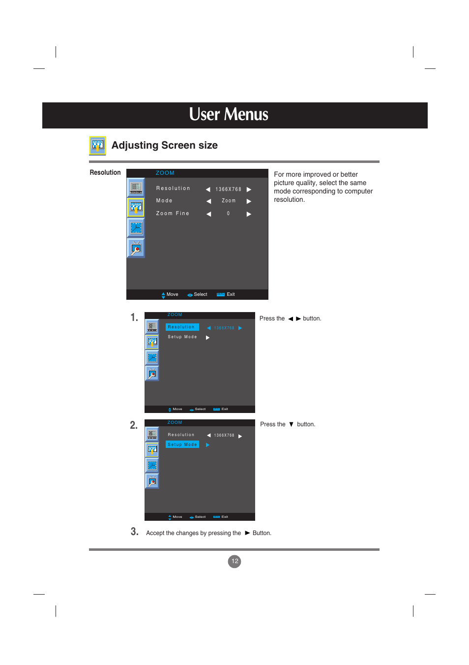 Adjusting screen size, User menus | LG M2900S-BN User Manual | Page 13 / 33