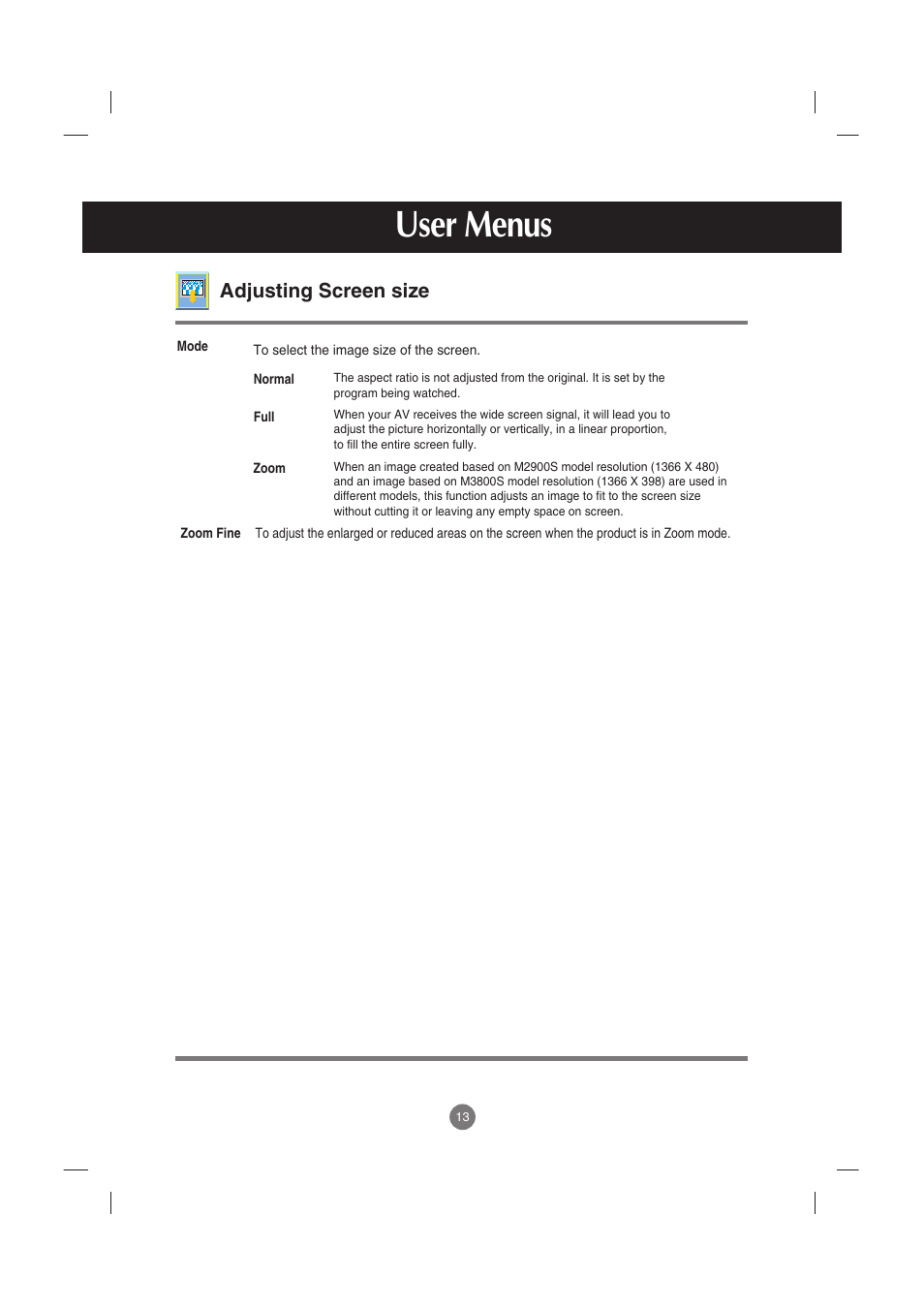 User menus, Adjusting screen size | LG M2900S-BN User Manual | Page 14 / 33