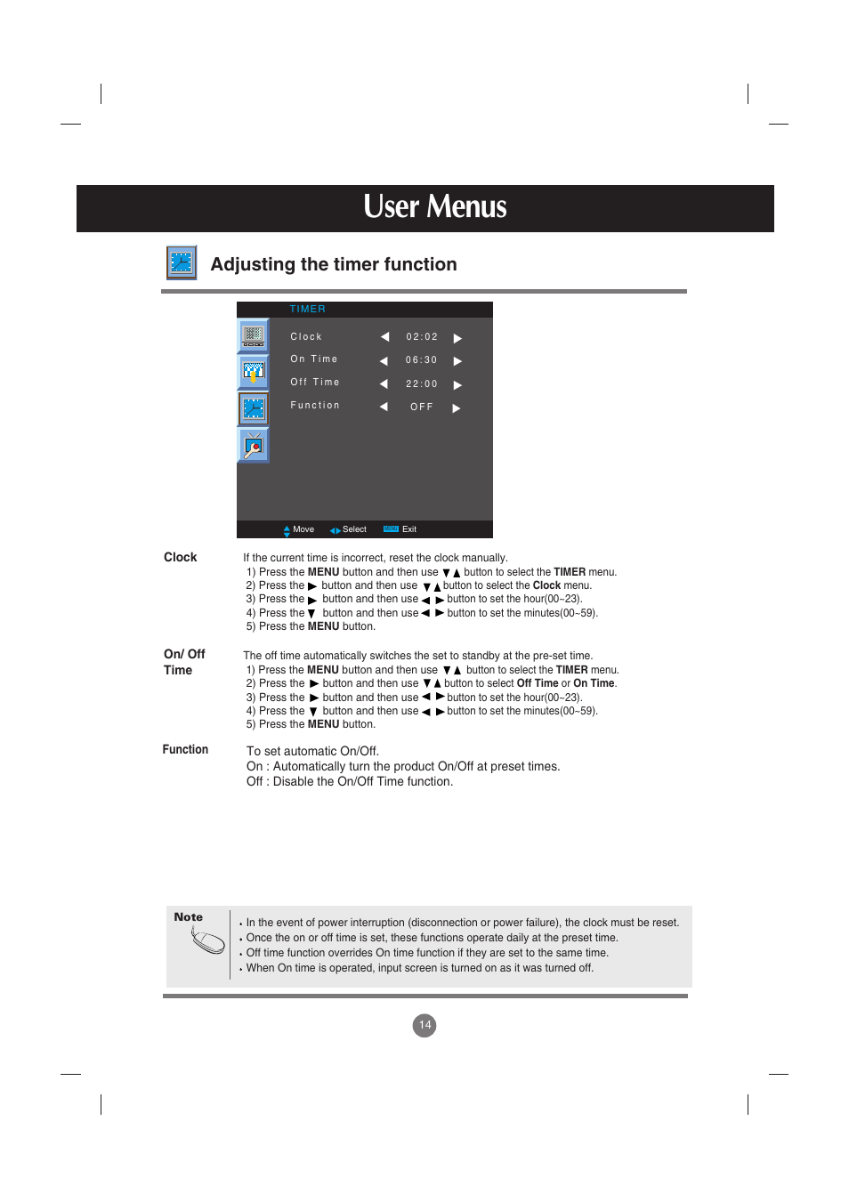 Adjusting the timer function, User menus | LG M2900S-BN User Manual | Page 15 / 33
