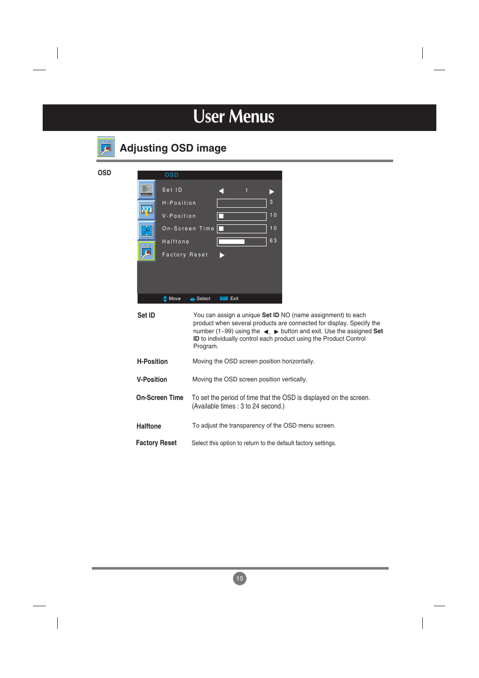 Adjusting osd image, User menus | LG M2900S-BN User Manual | Page 16 / 33