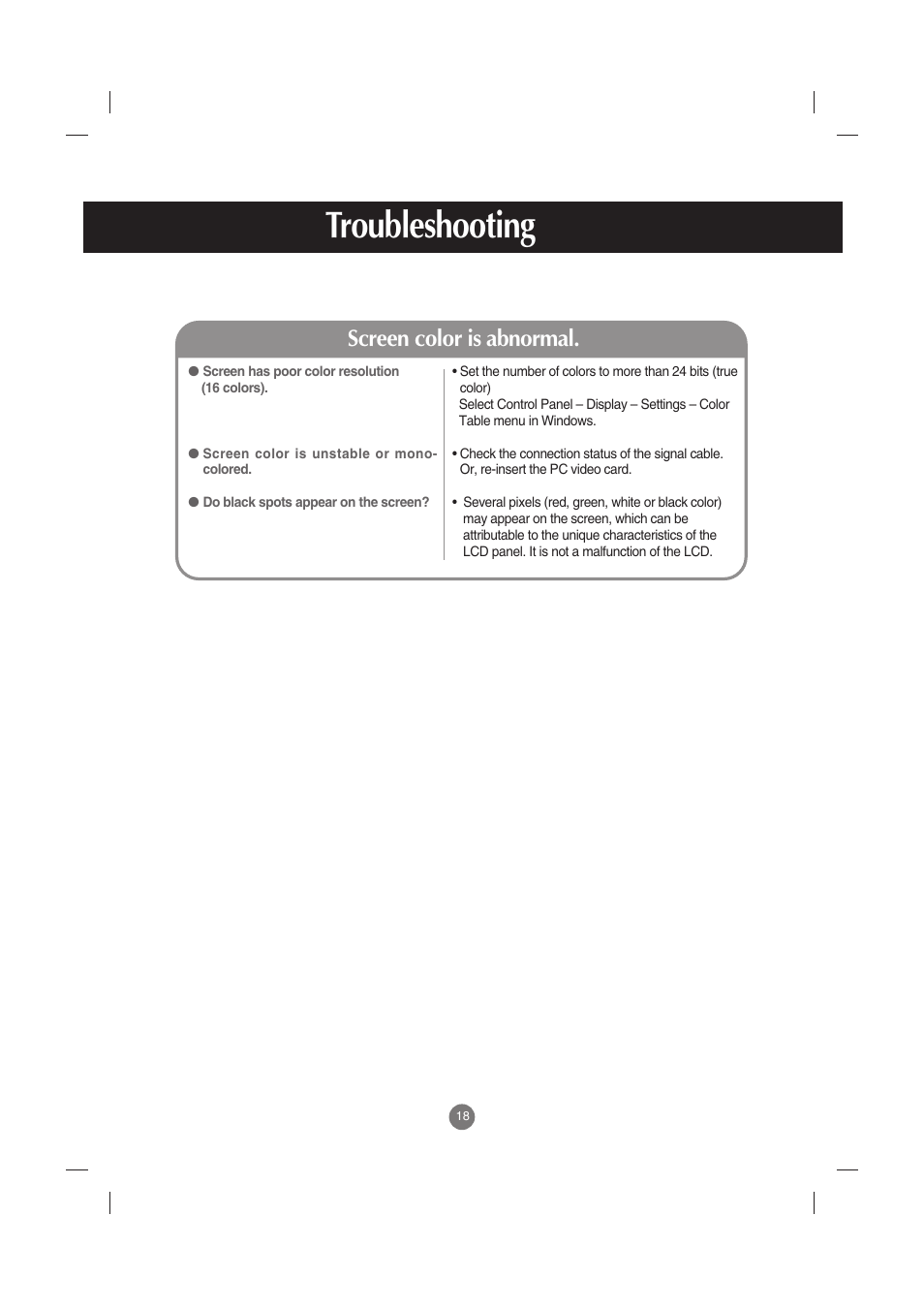 Screen color is abnormal, Troubleshooting | LG M2900S-BN User Manual | Page 19 / 33