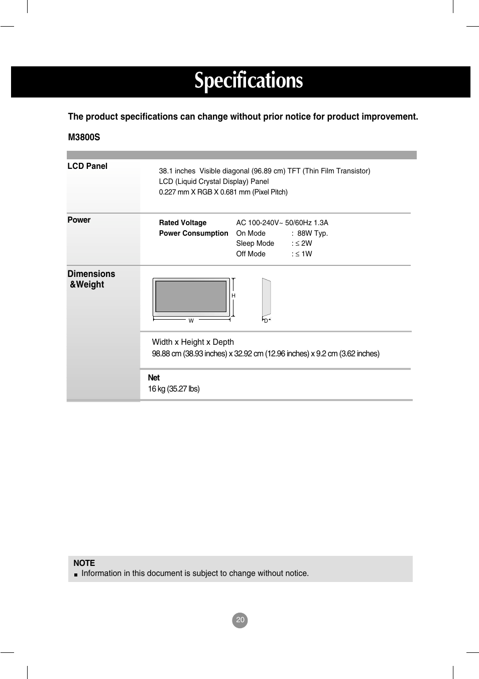 M3800s, Specifications | LG M2900S-BN User Manual | Page 21 / 33