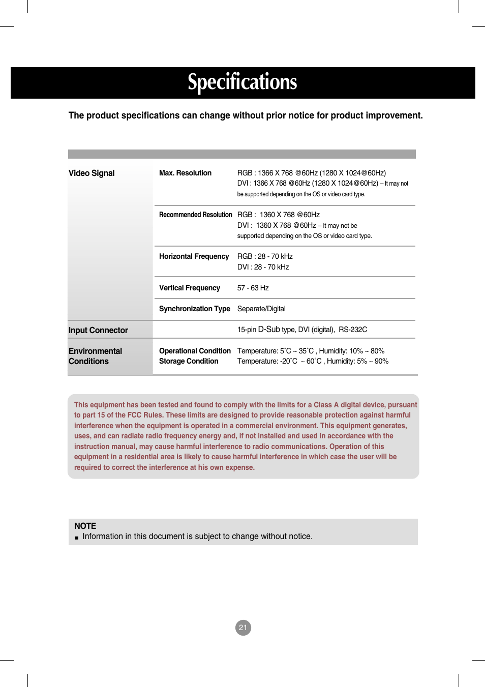 Specifications | LG M2900S-BN User Manual | Page 22 / 33