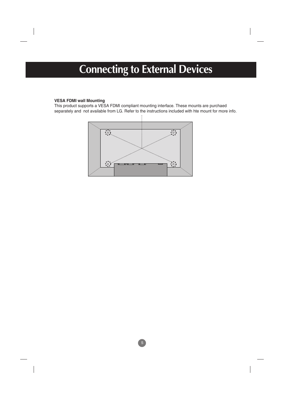 Vesa fdmi wall mounting, Connecting to external devices | LG M2900S-BN User Manual | Page 6 / 33