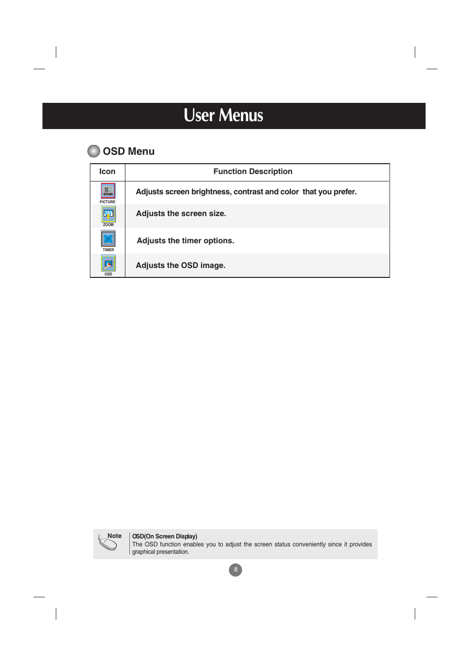 Osd menu, User menus | LG M2900S-BN User Manual | Page 9 / 33