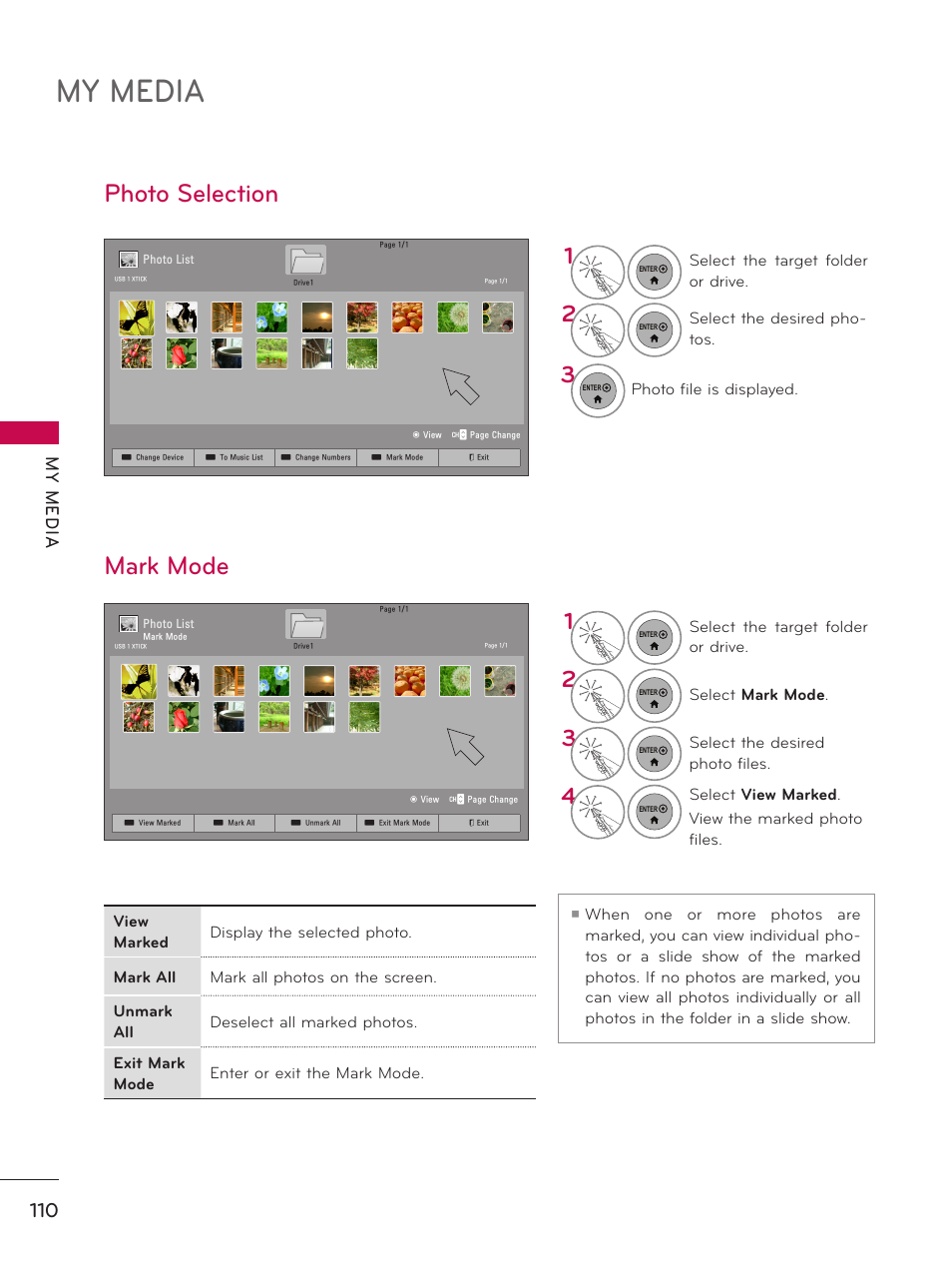 Photo selection, Mark mode, My media | My m ed ia | LG 60PK950 User Manual | Page 110 / 202