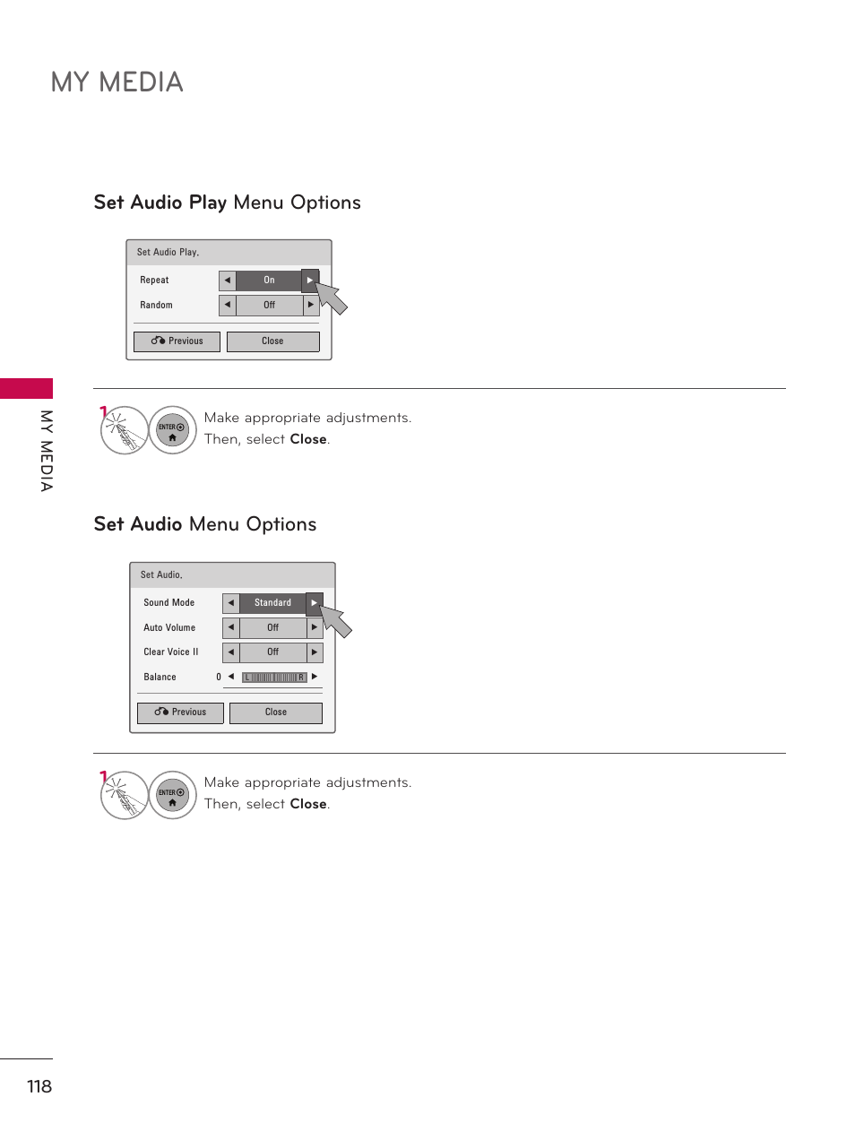 My media, Set audio play menu options set audio menu options, My m ed ia | LG 60PK950 User Manual | Page 118 / 202