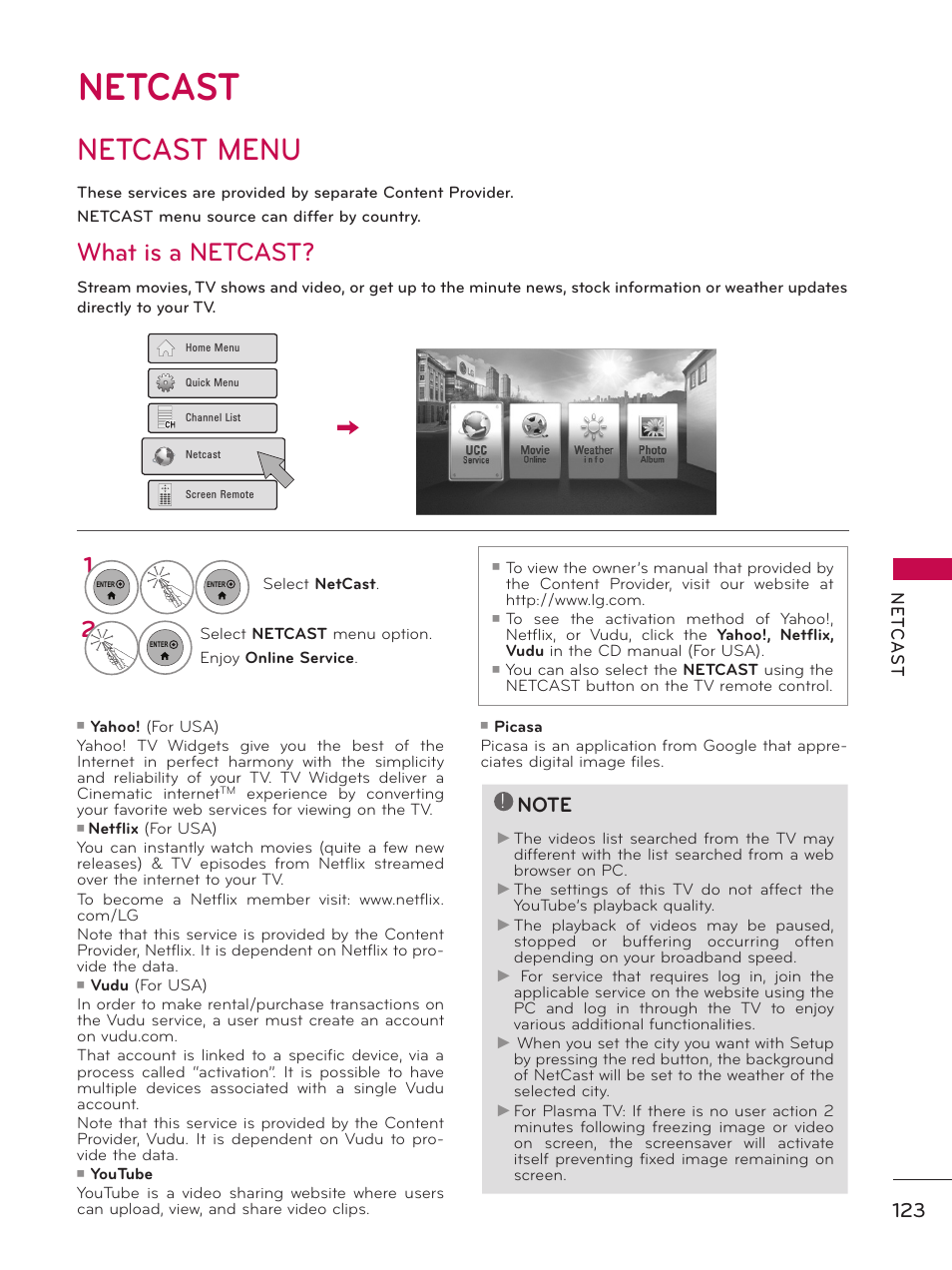 Netcast, Netcast menu, What is a netcast | LG 60PK950 User Manual | Page 123 / 202