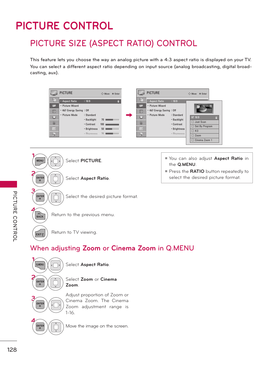 Picture control, Picture size (aspect ratio) control, When adjusting zoom or cinema zoom in q.menu | LG 60PK950 User Manual | Page 128 / 202