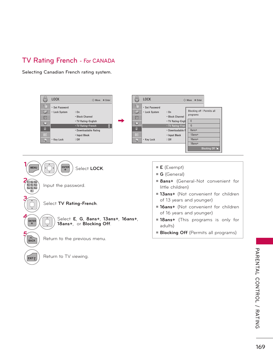 Tv rating french - for canada, Tv rating french, For canada | Selecting canadian french rating system, E (exempt), G (general), 8ans+ (general-not convenient for little children), 18ans+ (this programs is only for adults), Blocking off (permits all programs), Select lock | LG 60PK950 User Manual | Page 169 / 202