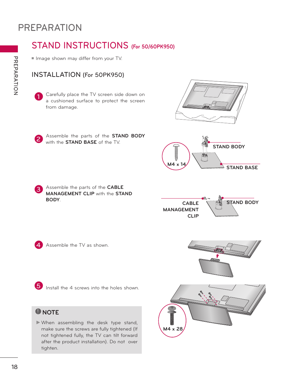 Stand instructions (for 50/60pk950), Preparation, Stand instructions | Installation | LG 60PK950 User Manual | Page 18 / 202