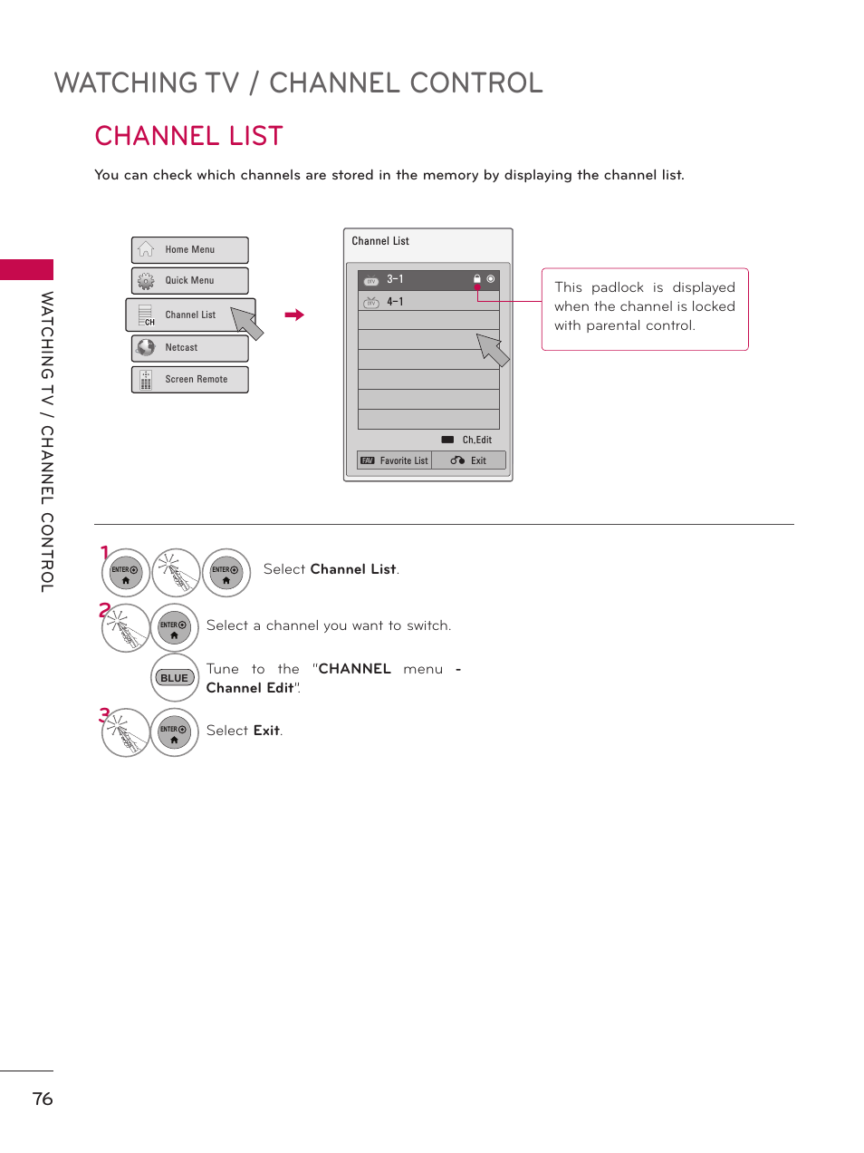 Channel list, Watching tv / channel control | LG 60PK950 User Manual | Page 76 / 202