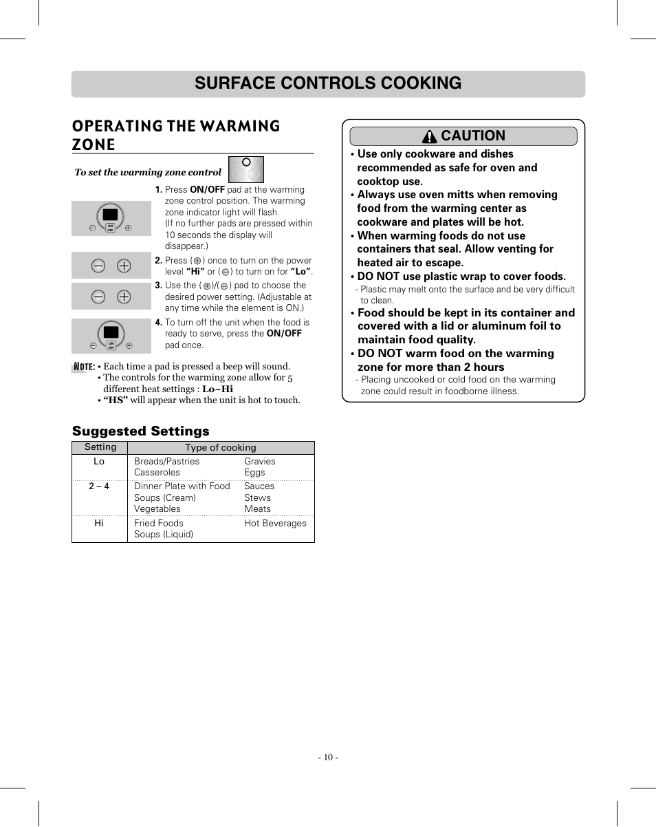 Surface controls cooking, Operating the warming zone, Caution | Suggested settings | LG LRE3012SW User Manual | Page 10 / 35