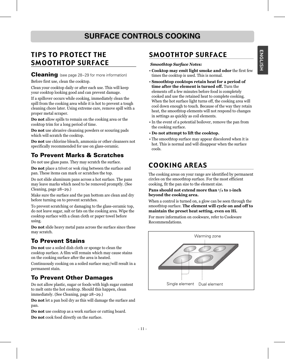 Surface controls cooking, Smoothtop surface, Tips to protect the smoothtop surface | Cooking areas, Cleaning | LG LRE3012SW User Manual | Page 11 / 35