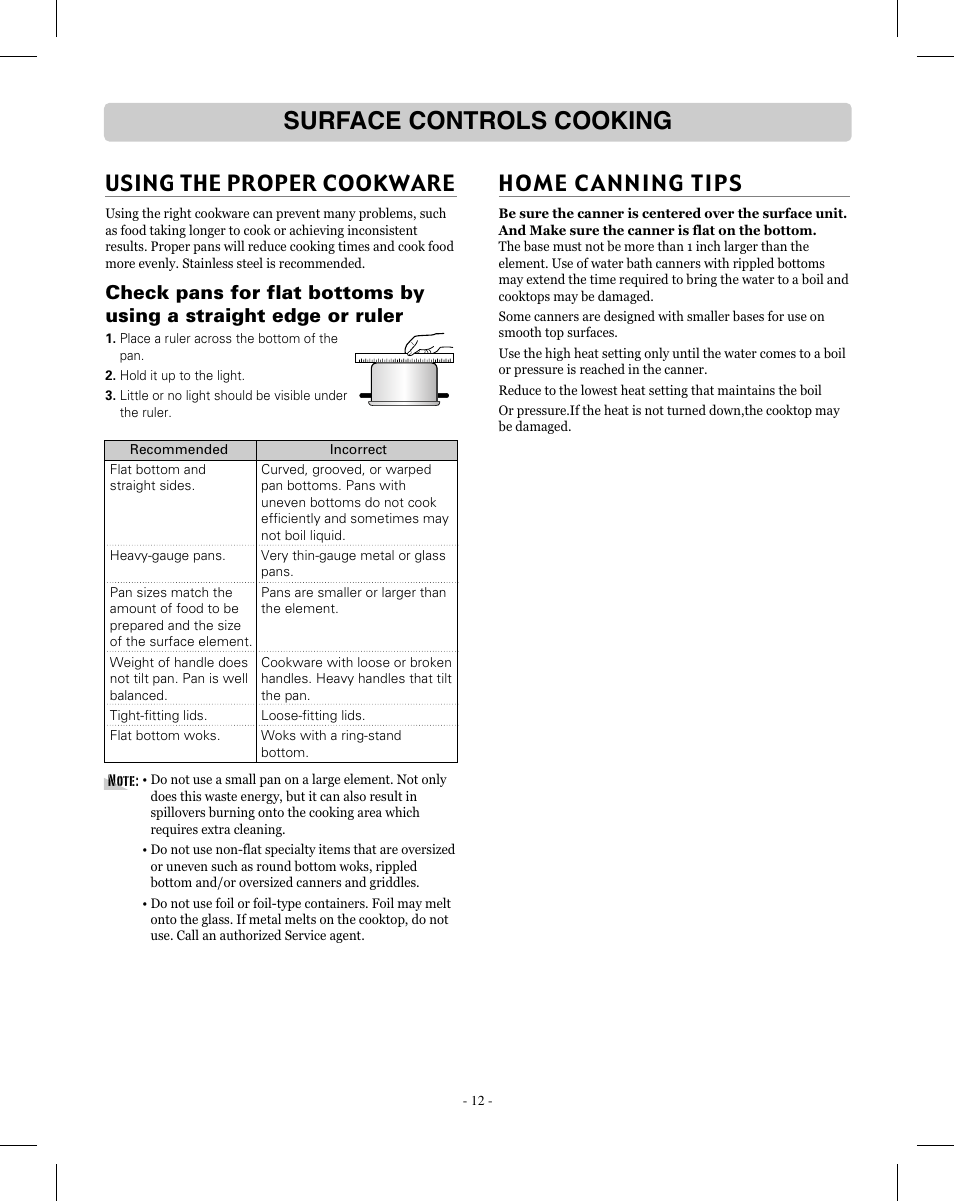 Surface controls cooking, Home canning tips, Using the proper cookware | LG LRE3012SW User Manual | Page 12 / 35