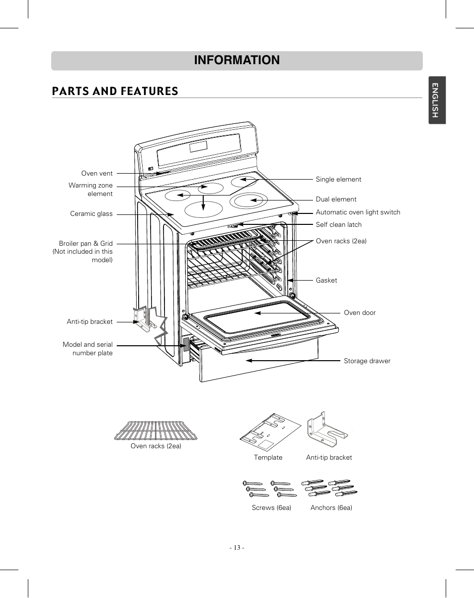Information, Parts and features | LG LRE3012SW User Manual | Page 13 / 35