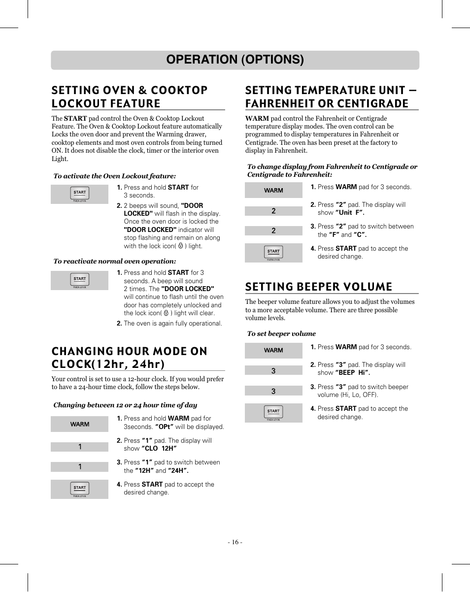 Operation (options), Setting beeper volume, Setting oven & cooktop lockout feature | Changing hour mode on clock(12hr, 24hr) | LG LRE3012SW User Manual | Page 16 / 35