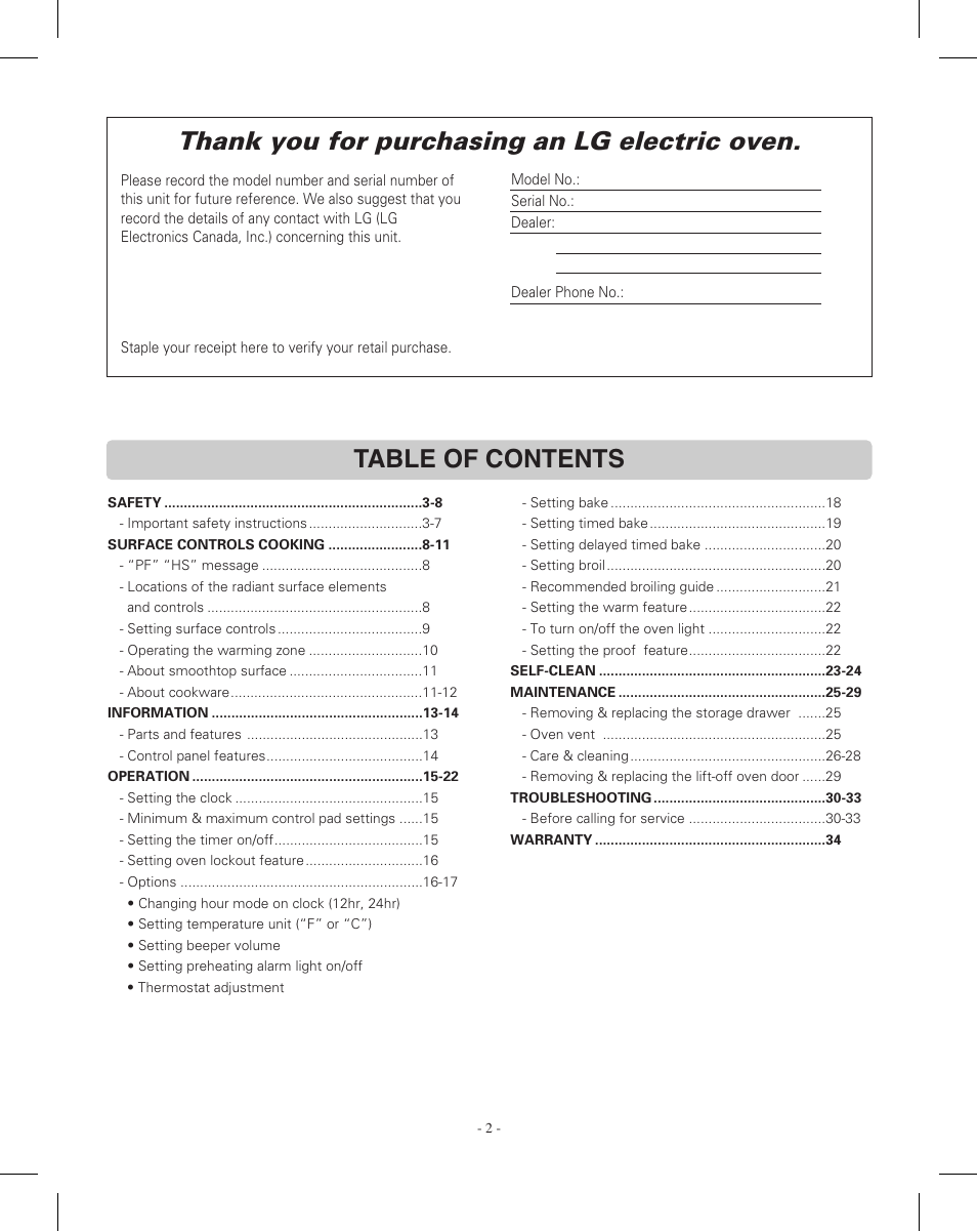 LG LRE3012SW User Manual | Page 2 / 35