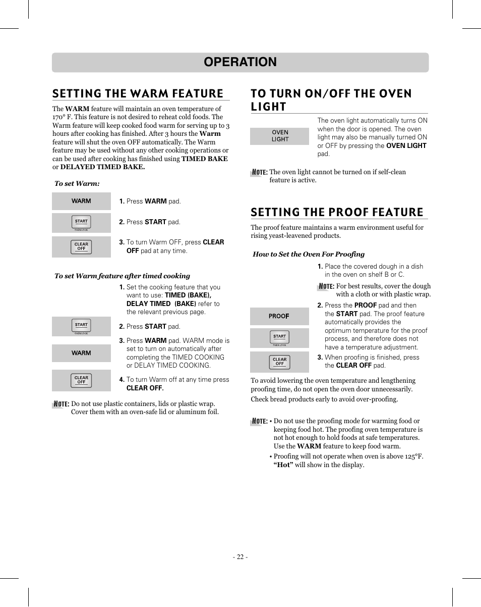 Operation, Setting the warm feature, Setting the proof feature | LG LRE3012SW User Manual | Page 22 / 35