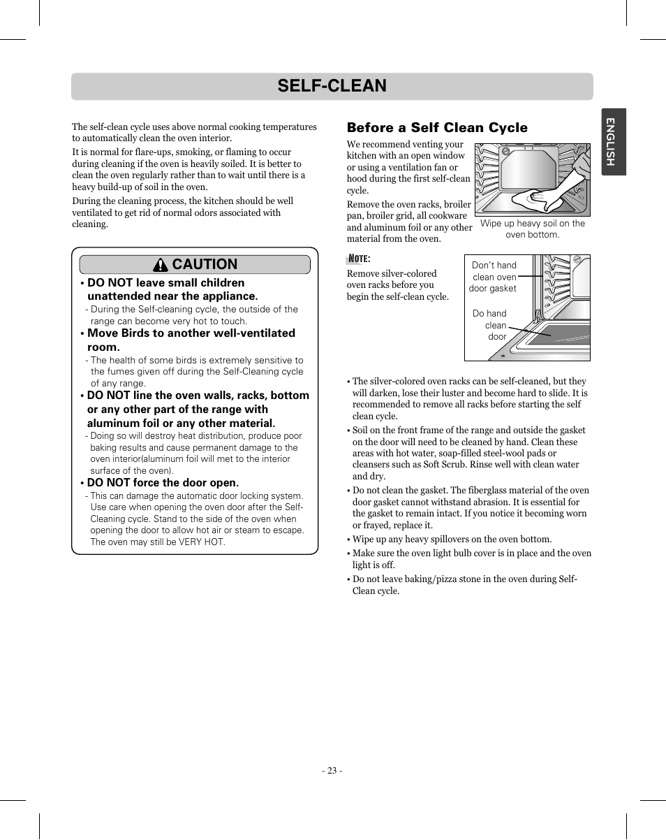 Self-clean, Caution, Before a self clean cycle | LG LRE3012SW User Manual | Page 23 / 35