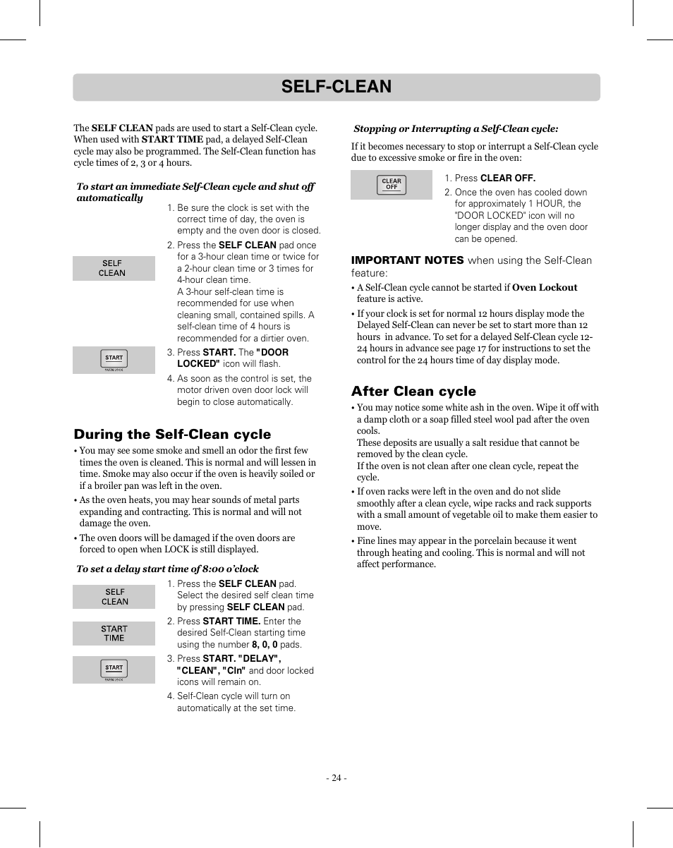 Self-clean, During the self-clean cycle, After clean cycle | LG LRE3012SW User Manual | Page 24 / 35