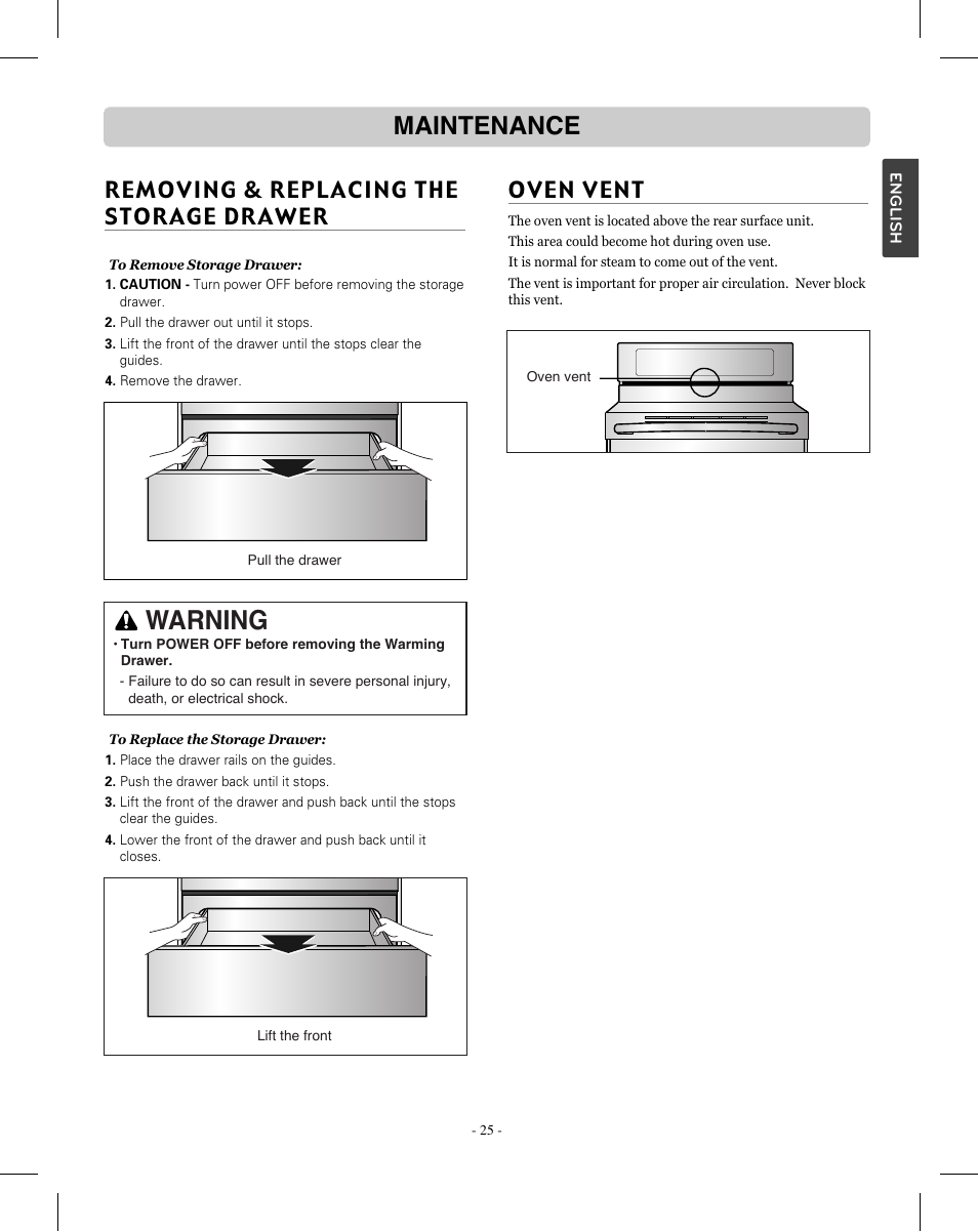 Warning, Maintenance, Removing & replacing the storage drawer | Oven vent | LG LRE3012SW User Manual | Page 25 / 35