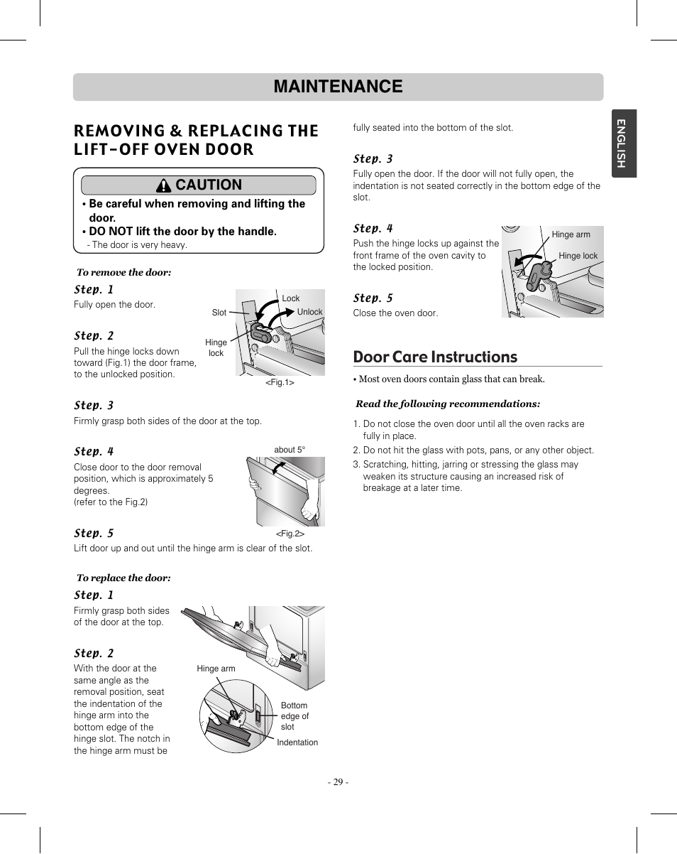 Maintenance, Removing & replacing the lift-off oven door, Door care instructions | Caution | LG LRE3012SW User Manual | Page 29 / 35