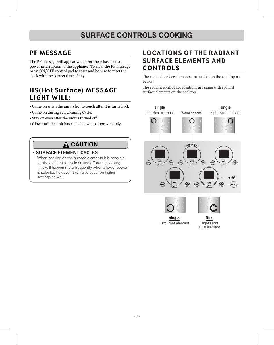 Surface controls cooking, Pf message, Hs(hot surface) message light will | Caution | LG LRE3012SW User Manual | Page 8 / 35
