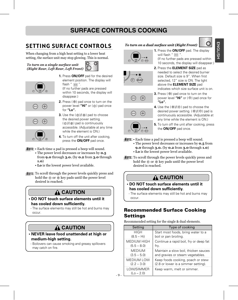 Surface controls cooking, Setting surface controls, Caution | Recommended surface cooking settings | LG LRE3012SW User Manual | Page 9 / 35
