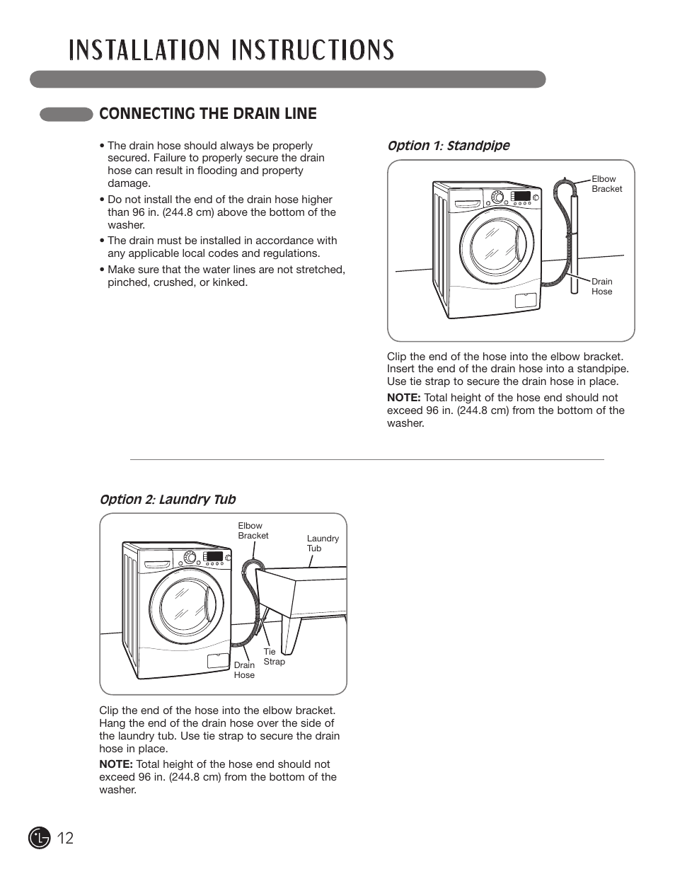 Connecting the drain line | LG WM1355HR User Manual | Page 12 / 68